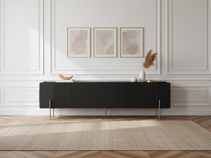 Meuble TV 2 portes 2 tiroirs 200 cm MATHILDE pieds or