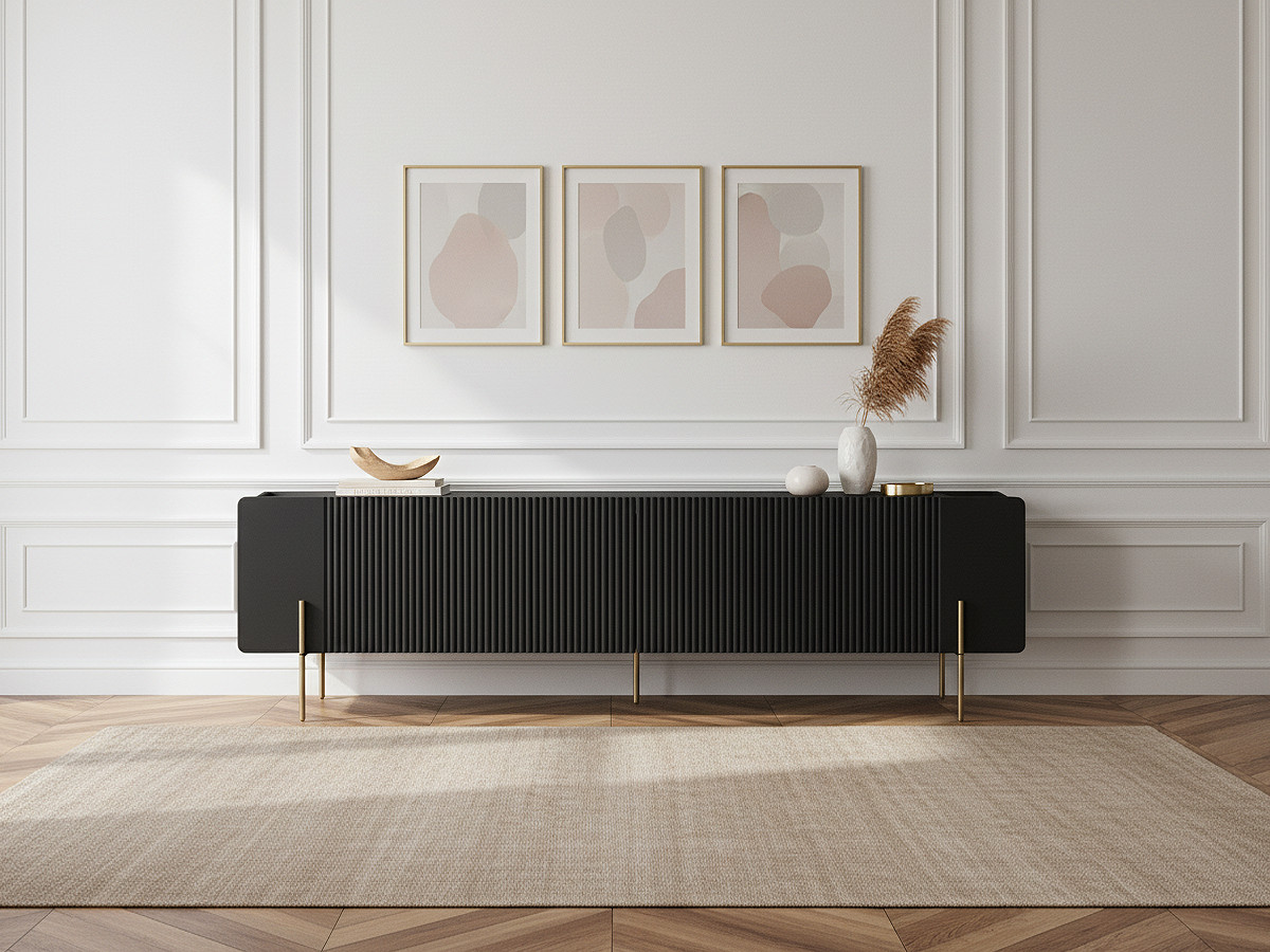 Meuble TV 2 portes 2 tiroirs 200 cm MATHILDE pieds OR