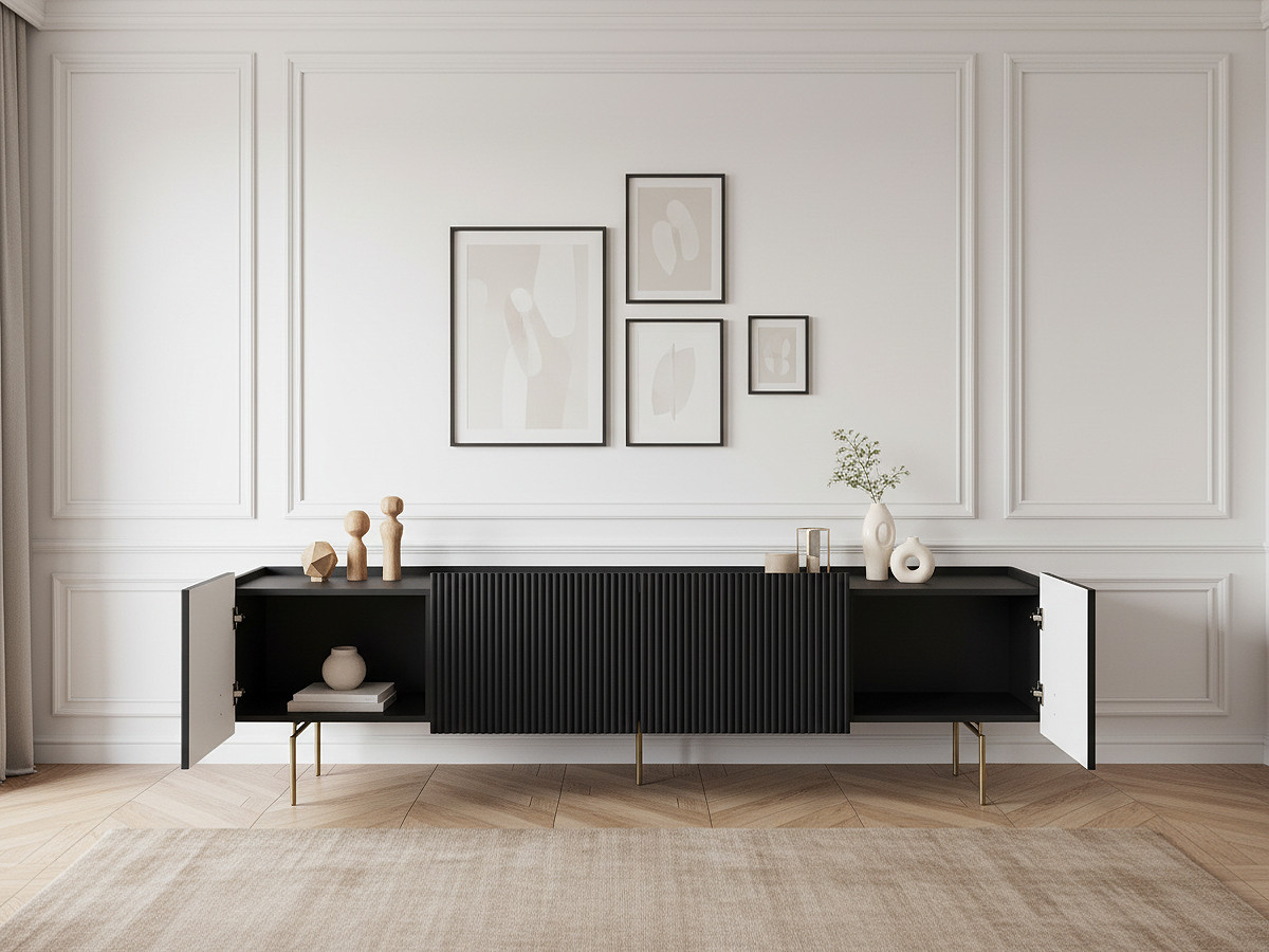 Meuble TV 2 portes 2 tiroirs 200 cm MATHILDE pieds or — vue 6