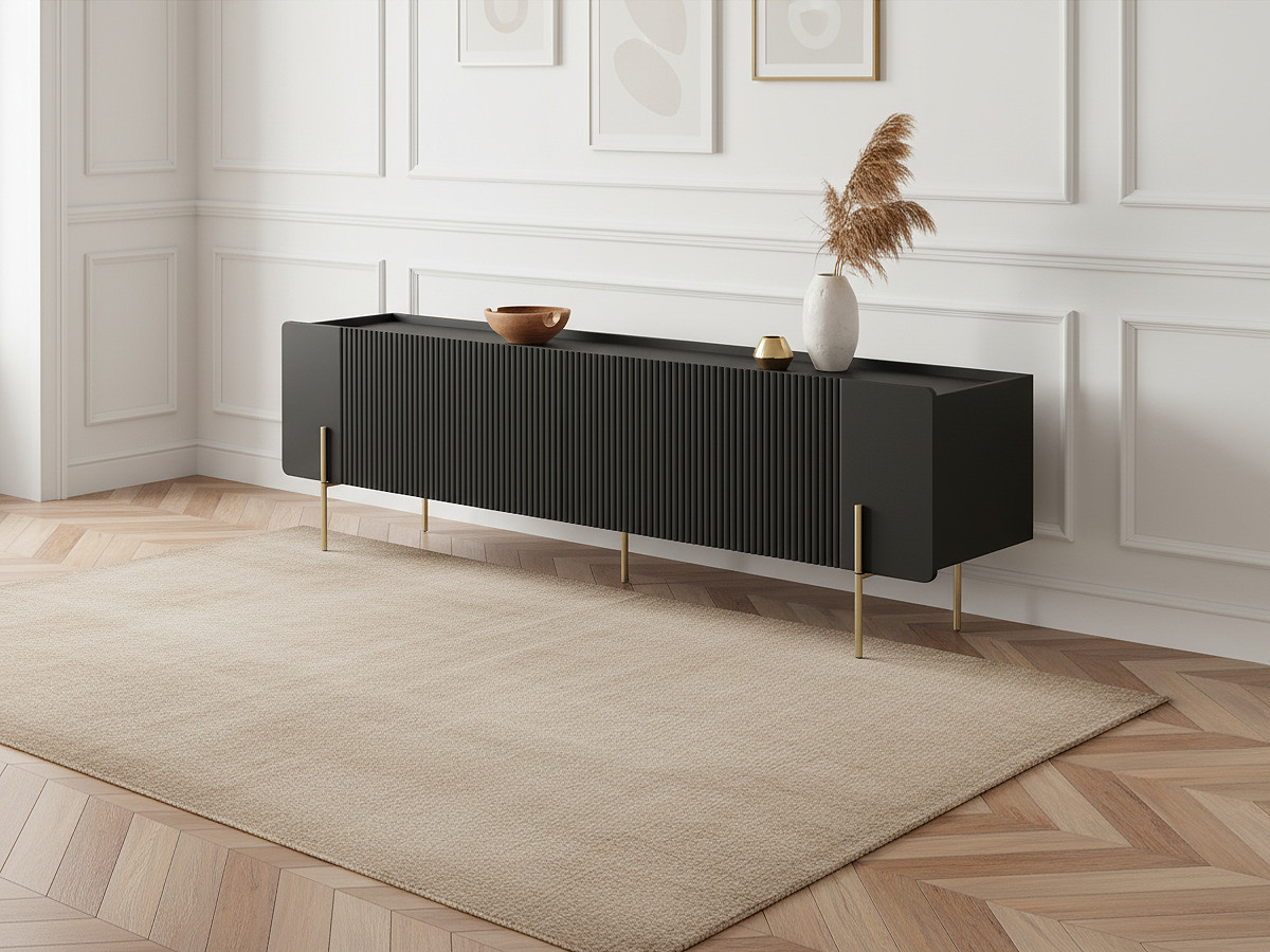 Meuble TV 2 portes 2 tiroirs 200 cm MATHILDE pieds or