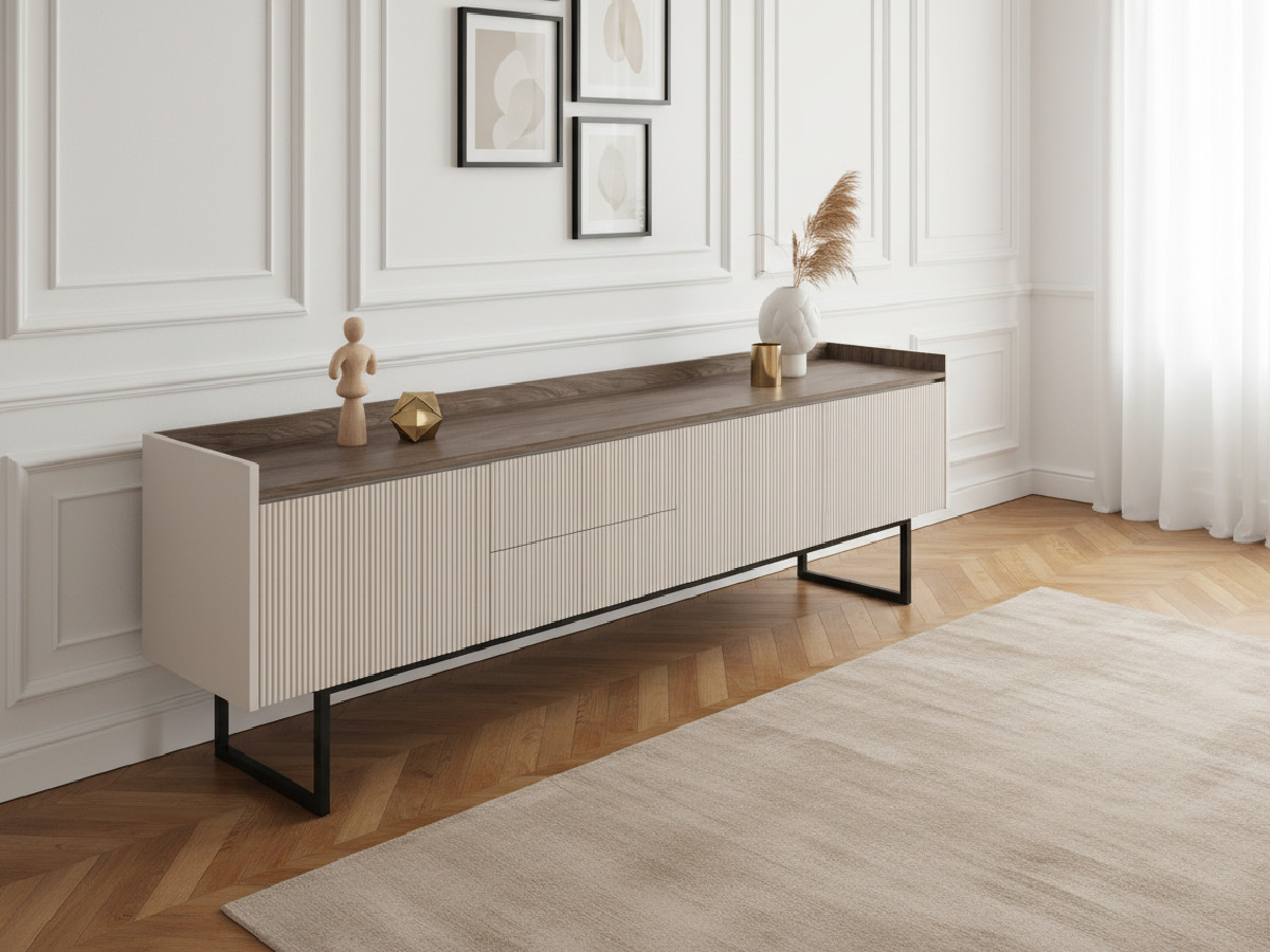 Meuble TV 3 portes 192 cm LOUNA beige et effet bois avec tasseaux et LED