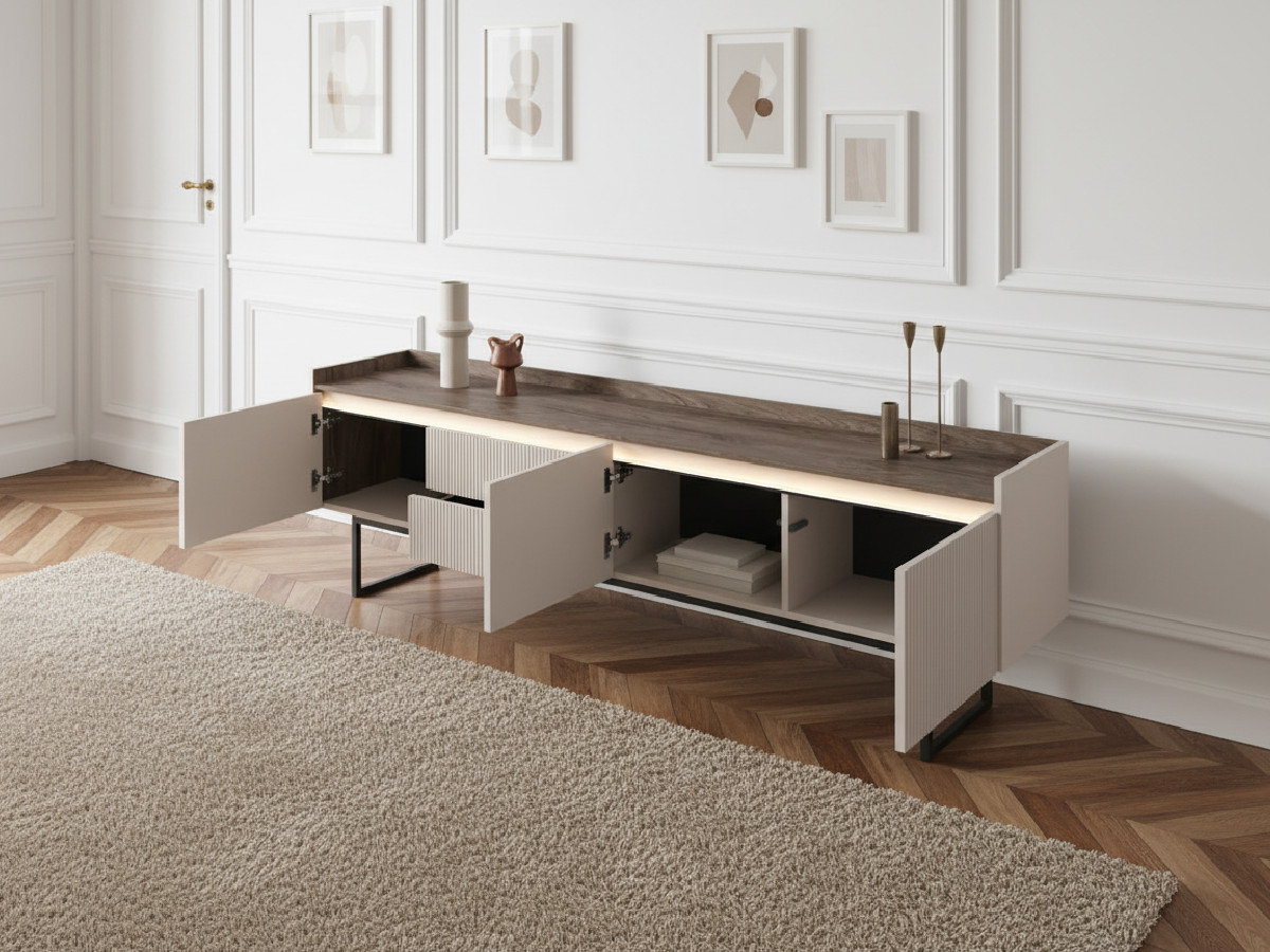 Meuble TV 3 portes 192 cm LOUNA beige et effet bois avec tasseaux et LED — vue 6