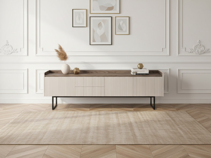 Meuble TV 3 portes 192 cm LOUNA beige et effet bois avec tasseaux et LED