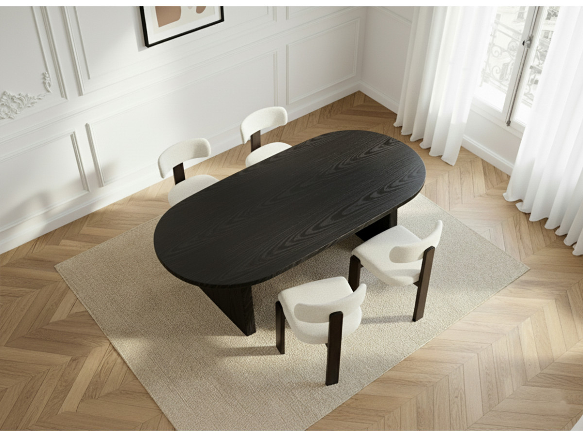 PABLO set met ovale eettafel 220 cm in notenhoutfineer + TANYA stoelen in structuurstof