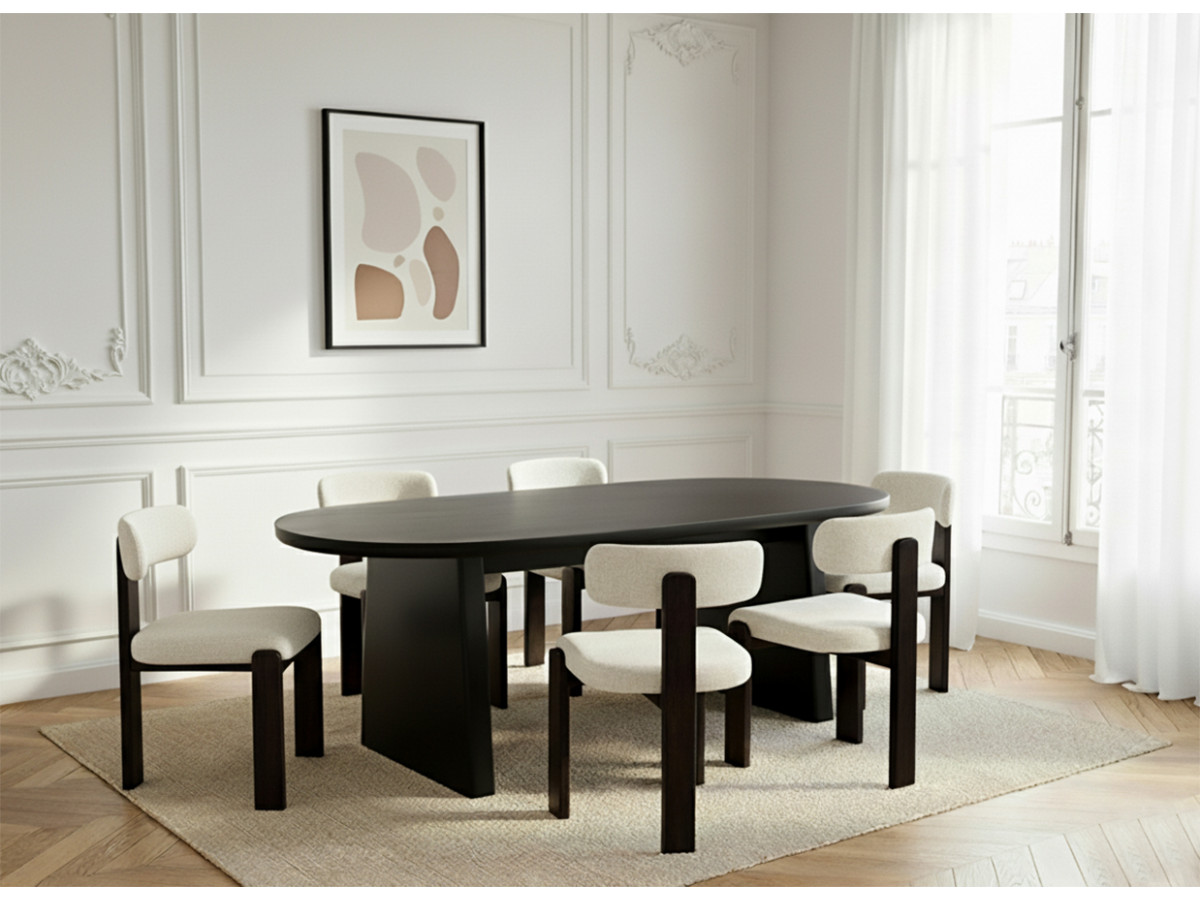 PABLO set met ovale eettafel 220 cm in notenhoutfineer + TANYA stoelen in structuurstof