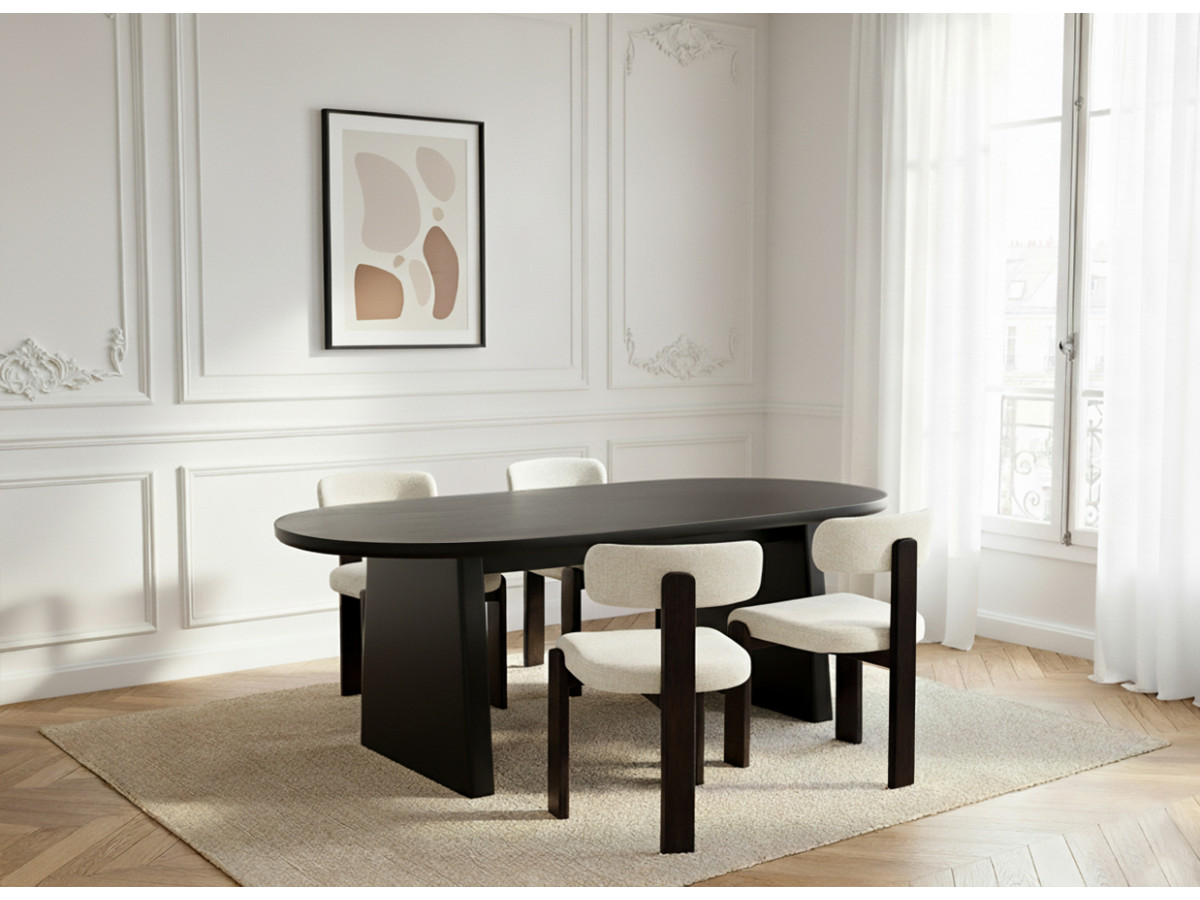 PABLO set met ovale eettafel 220 cm in notenhoutfineer + TANYA stoelen in structuurstof