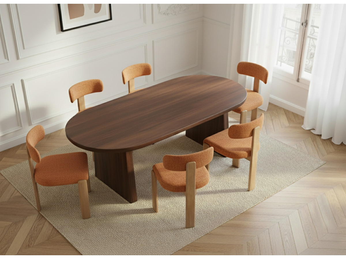 PABLO set met ovale eettafel 220 cm in notenhoutfineer + TANYA stoelen in structuurstof