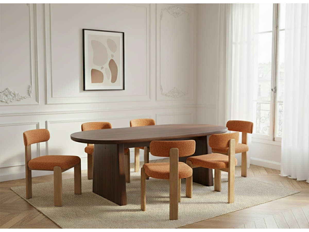 PABLO set met ovale eettafel 220 cm in notenhoutfineer + TANYA stoelen in structuurstof