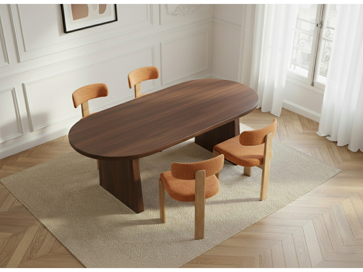 PABLO set met ovale eettafel 220 cm in notenhoutfineer + TANYA stoelen in structuurstof