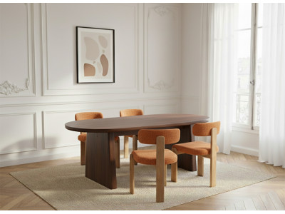 Ensemble PABLO avec table à manger ovale 220 cm placage noyer + chaises TANYA tissu texturé