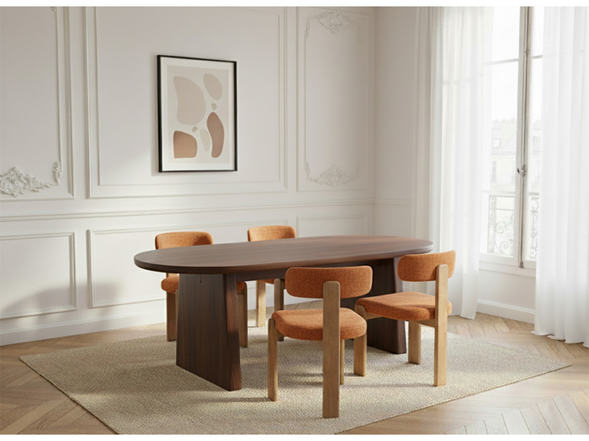 PABLO set met ovale eettafel 220 cm in notenhoutfineer + TANYA stoelen in structuurstof