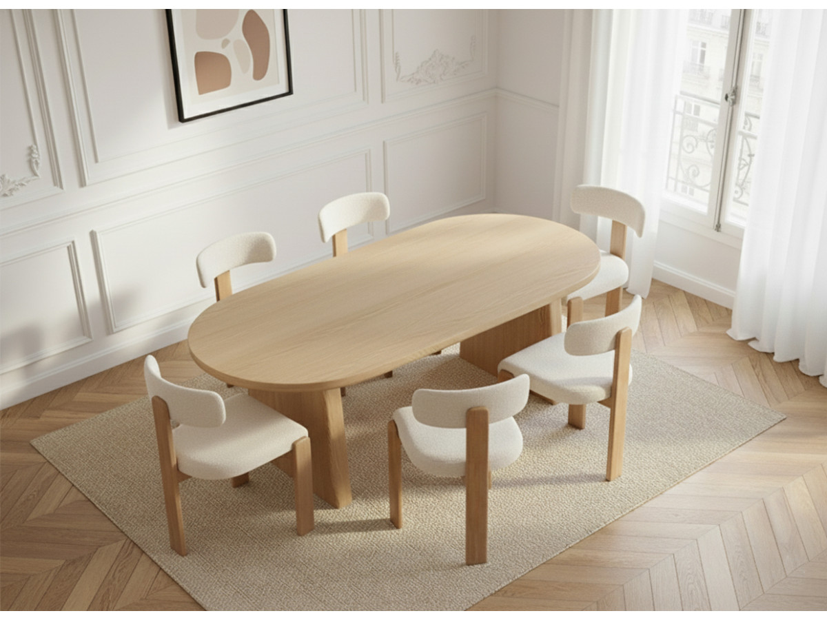 PABLO set met ovale eettafel 220 cm in notenhoutfineer + TANYA stoelen in structuurstof
