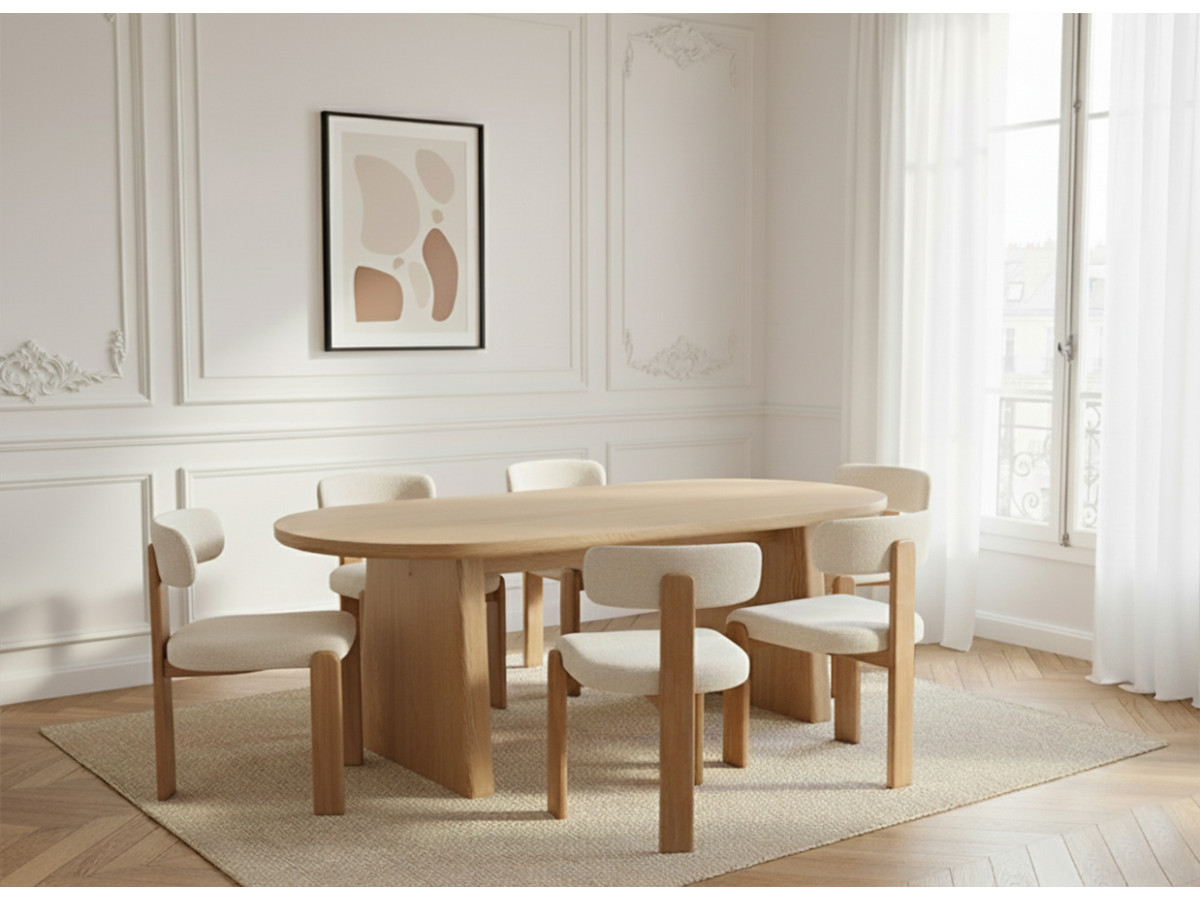 PABLO set met ovale eettafel 220 cm in notenhoutfineer + TANYA stoelen in structuurstof