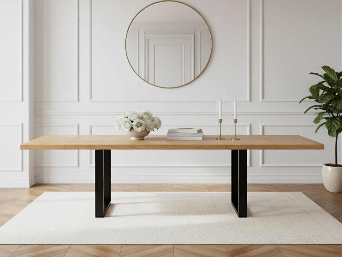 Table à manger pieds carrés extensible AWANI Chêne massif et métal