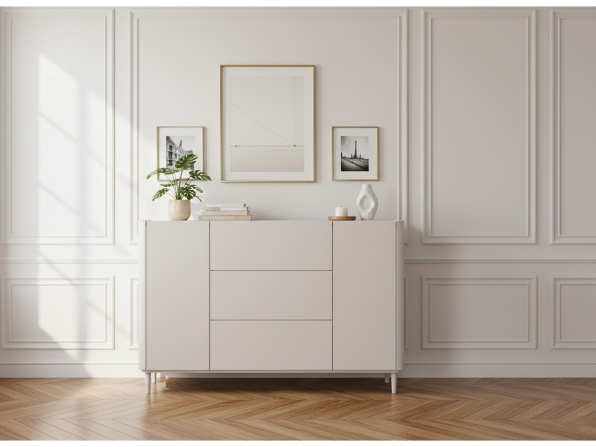 Buffet 2 portes 3 tiroirs 150 cm ANYRA pieds en bois massif beige