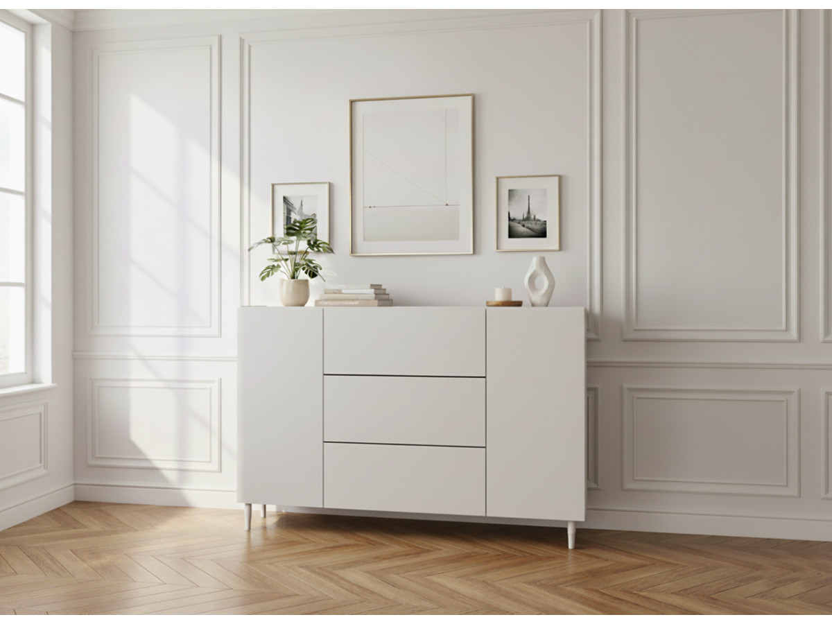 Buffet 2 portes 3 tiroirs 150 cm ANYRA pieds en bois massif beige — vue 4
