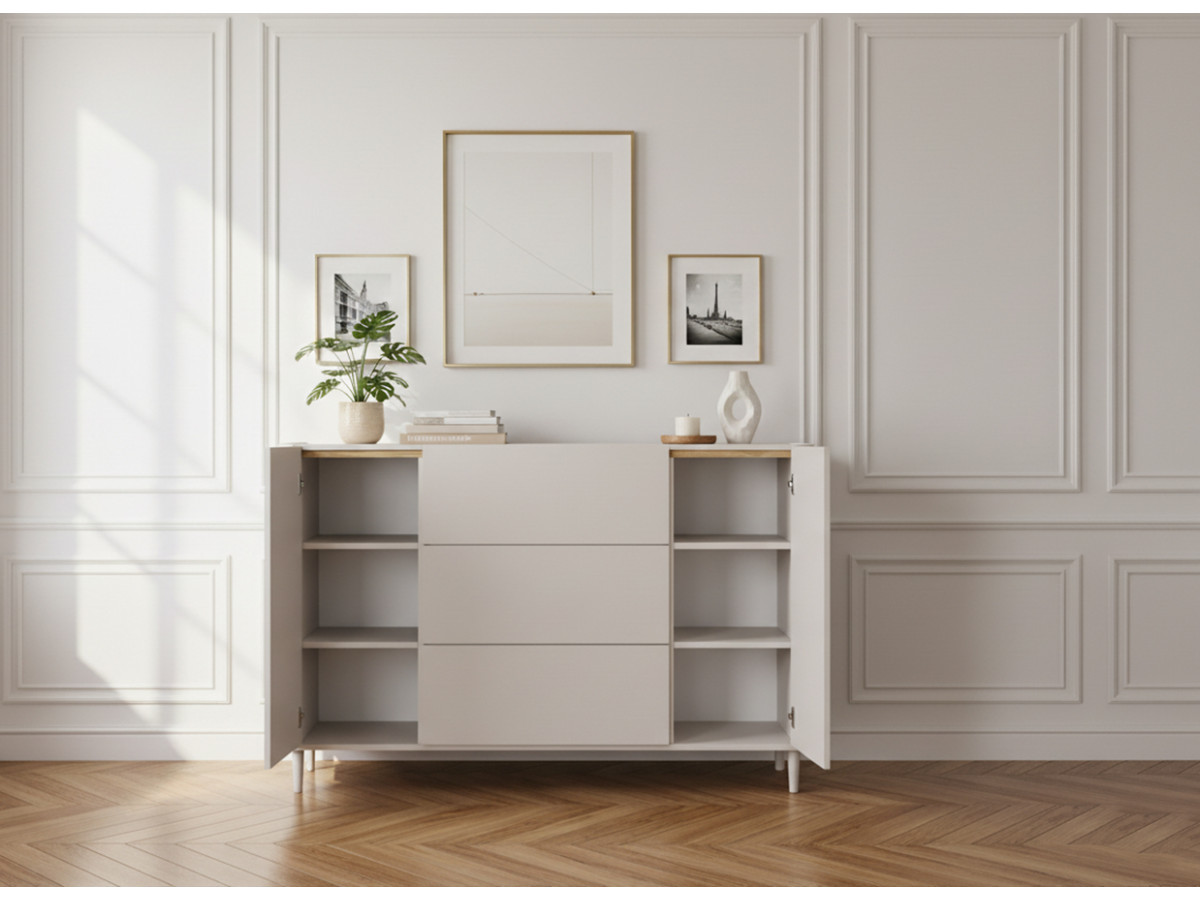 Buffet 2 portes 3 tiroirs 150 cm ANYRA pieds en bois massif