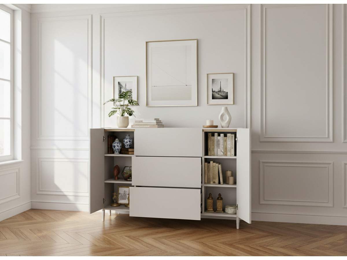 Buffet 2 portes 3 tiroirs 150 cm ANYRA pieds en bois massif beige — vue 6