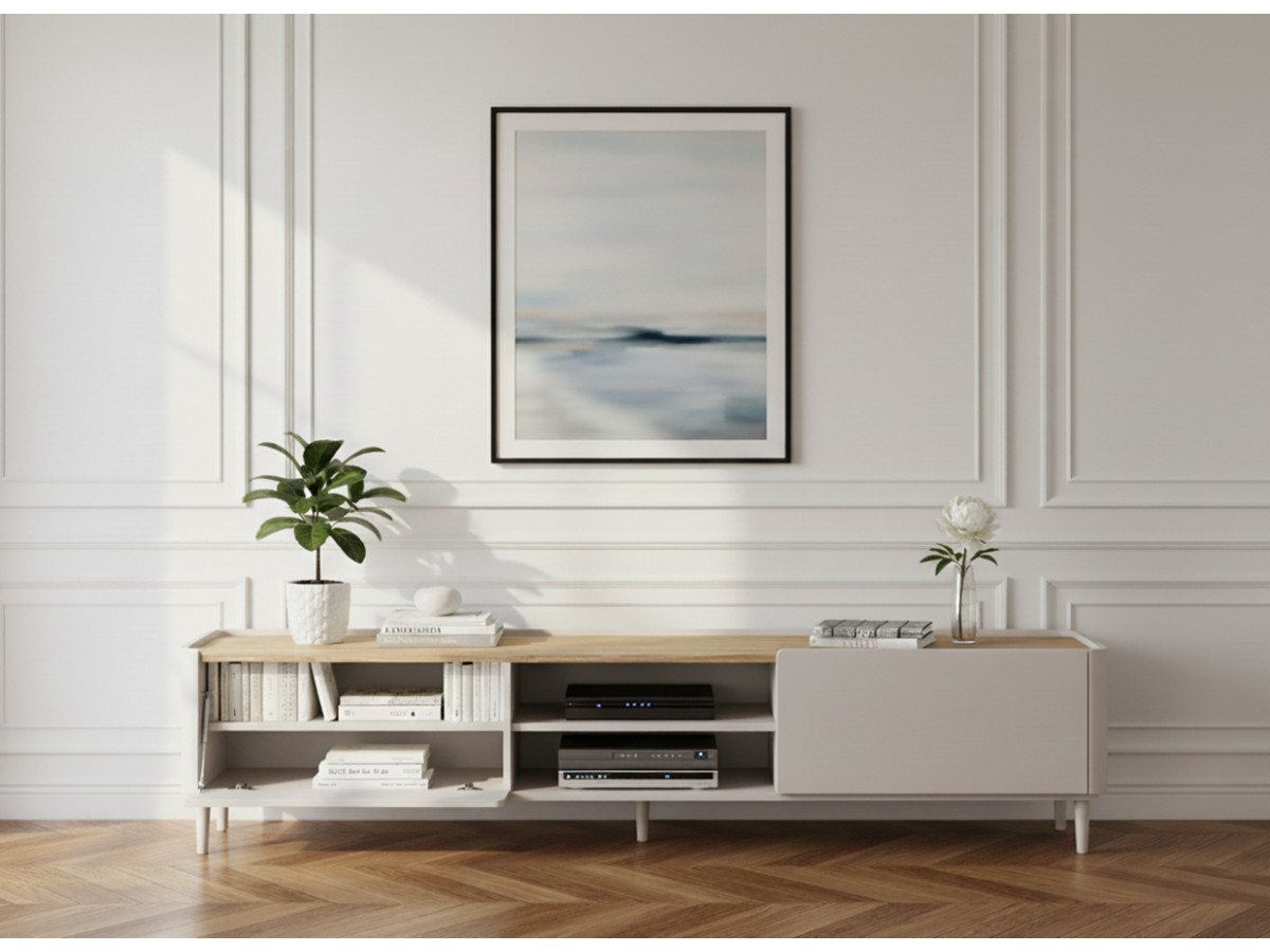 Meuble TV 1 porte 1 tiroir 220 cm ANYRA pieds en bois massif beige — vue 4