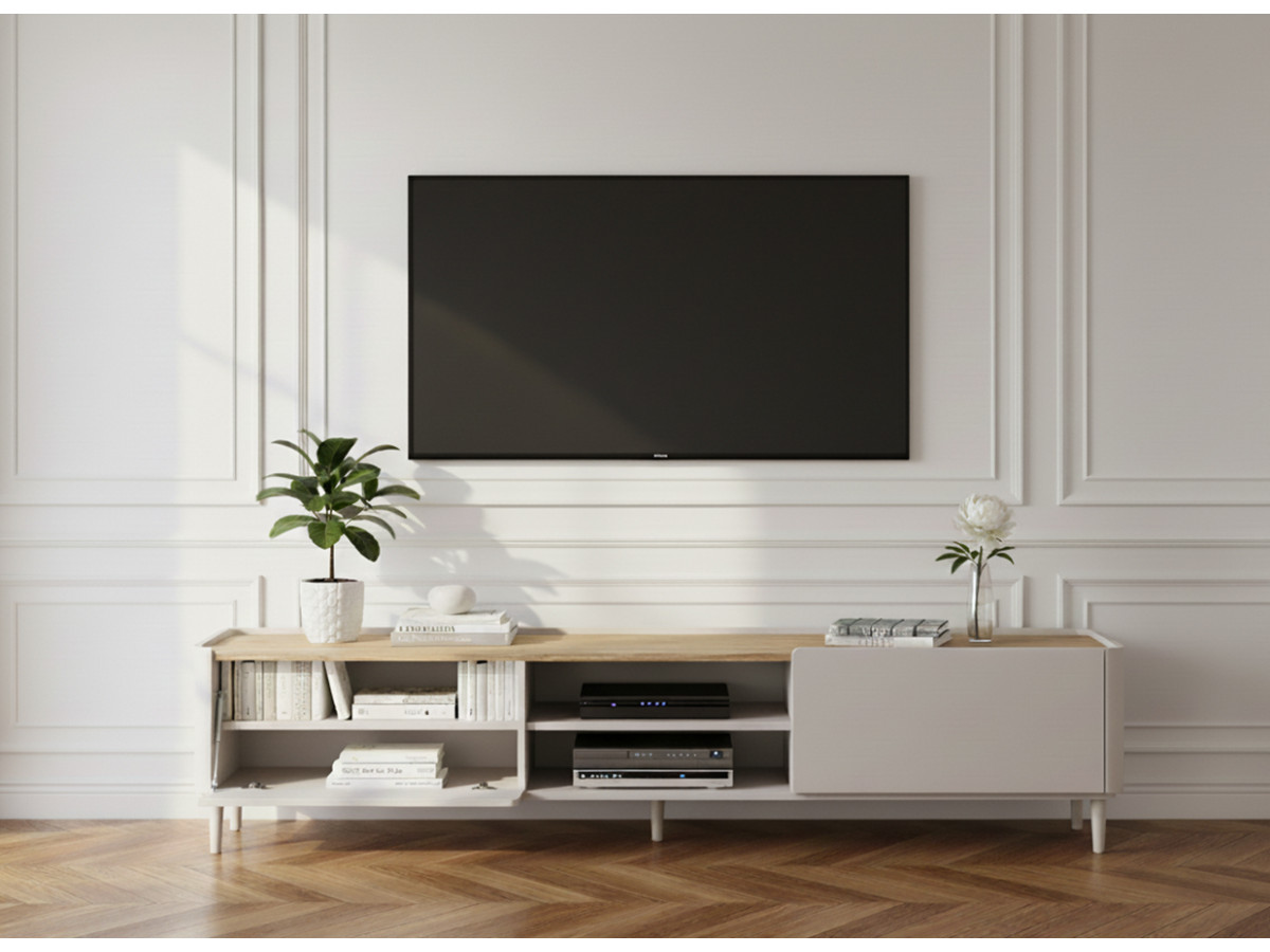 Meuble TV 1 porte 1 tiroir 220 cm ANYRA pieds en bois massif beige — vue 6