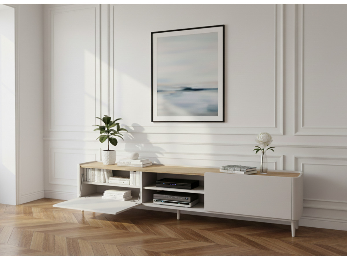 Meuble TV 1 porte 1 tiroir 220 cm ANYRA pieds en bois massif beige — vue 5