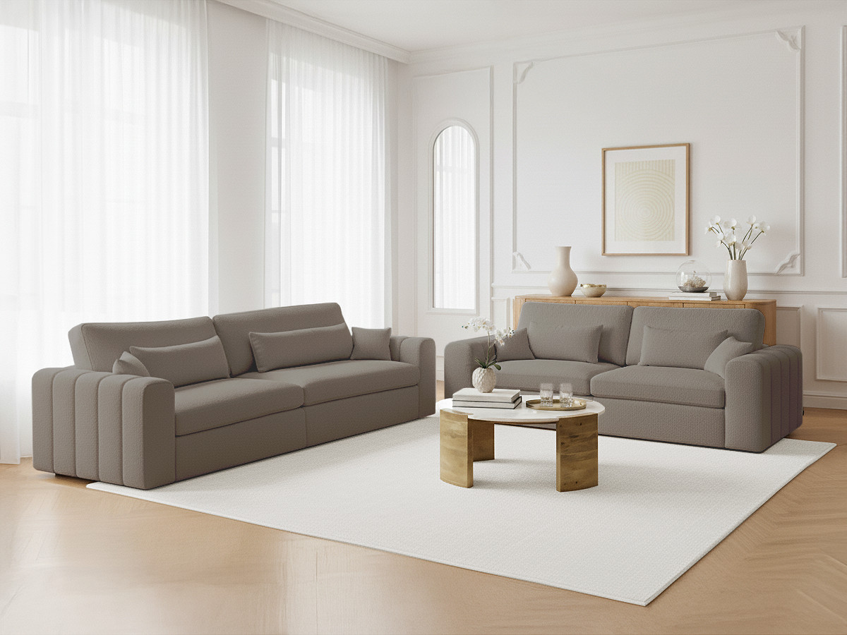 Ensemble canapé droit 3 + 2 places BELMONT bouclette taupe