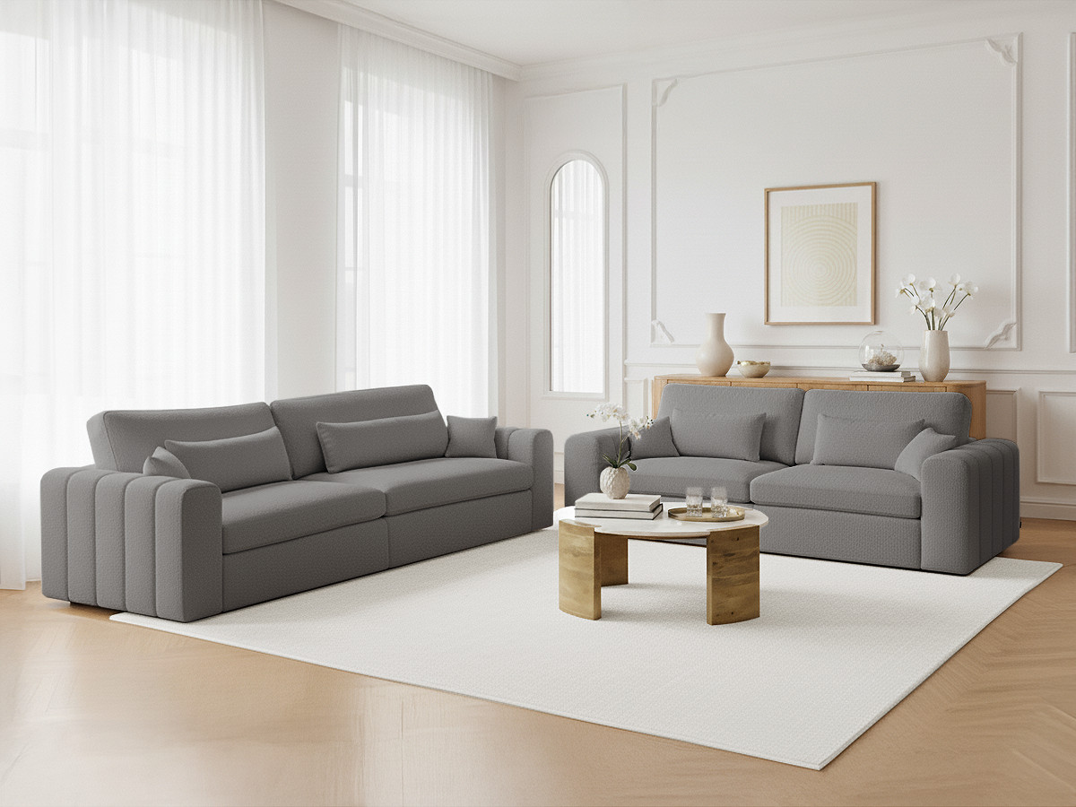 Ensemble canapé droit 3 + 2 places BELMONT bouclette gris clair