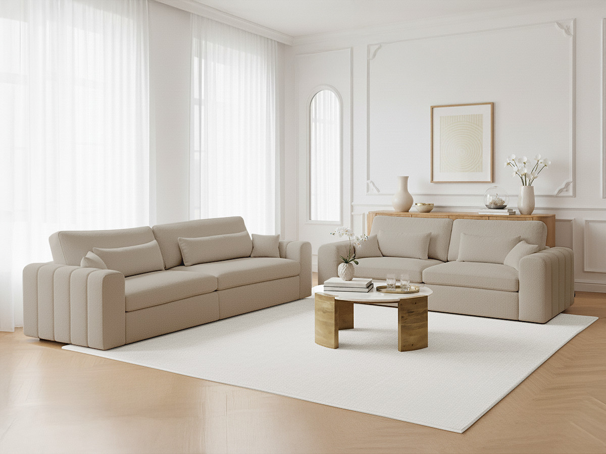 Ensemble canapé droit 3 + 2 places BELMONT bouclette beige