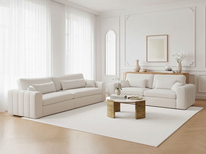 Ensemble canapé droit fixe 3 + 2 places BELMONT tissu bouclette