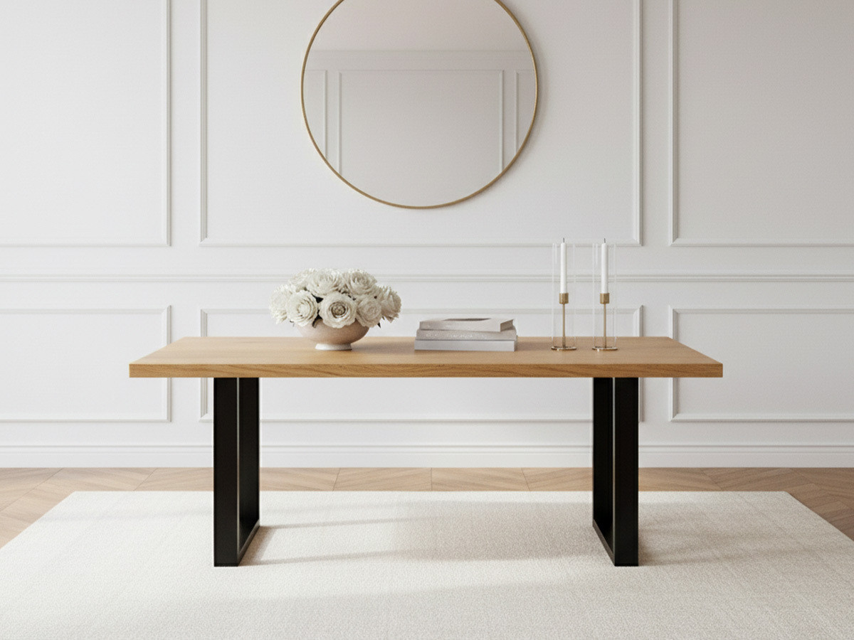 AWANI set met uitschuifbare eettafel met vierkante poten van massief eikenhout + stoelen van corduroy