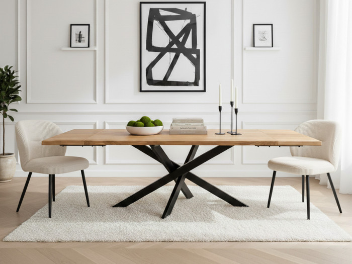 Ensemble ALIZEE avec table à manger extensible chêne massif + chaises velours côtelé