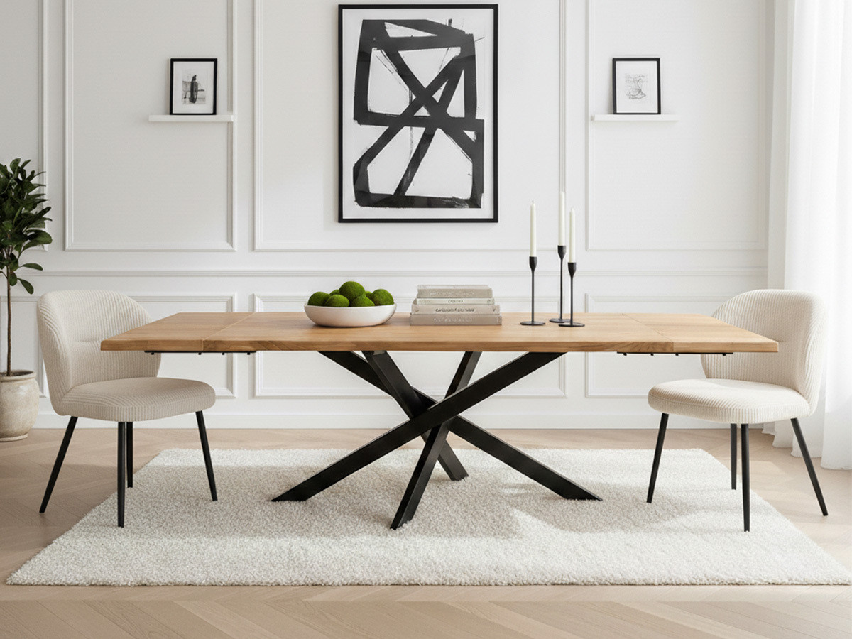 ALIZEE set met uitschuifbare eettafel van massief eikenhout + corduroy stoelen