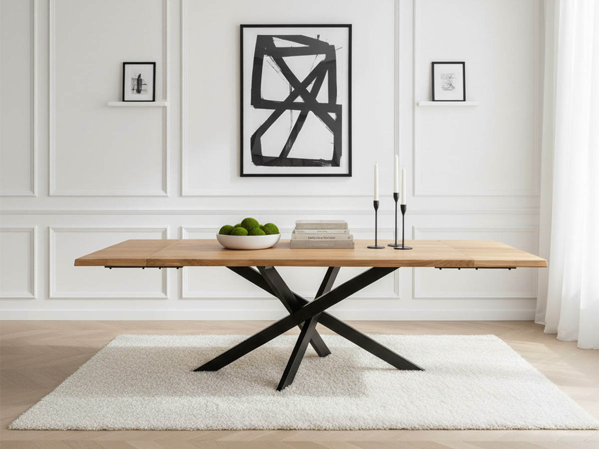 ALIZEE set met uitschuifbare eettafel van massief eikenhout + corduroy stoelen