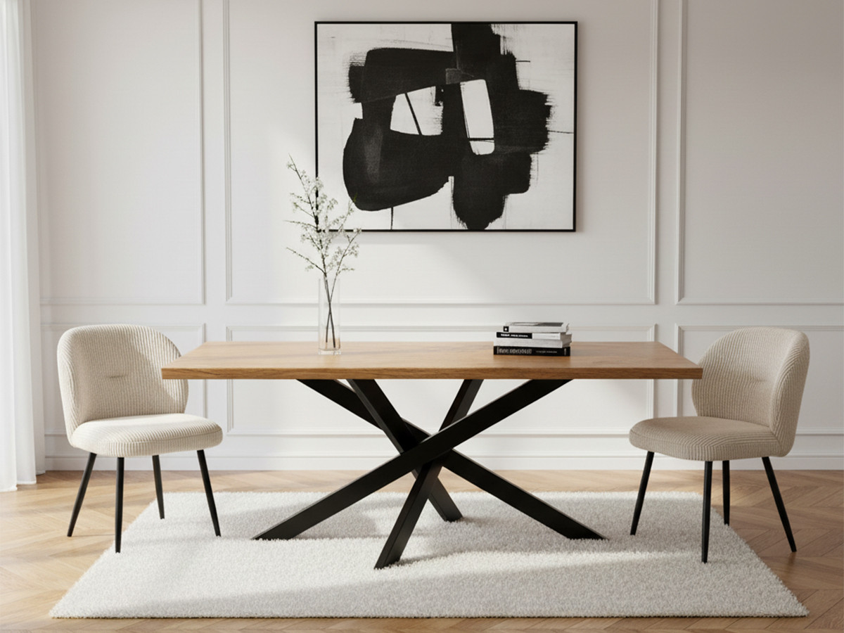 ALIZEE set met uitschuifbare eettafel van massief eikenhout + corduroy stoelen