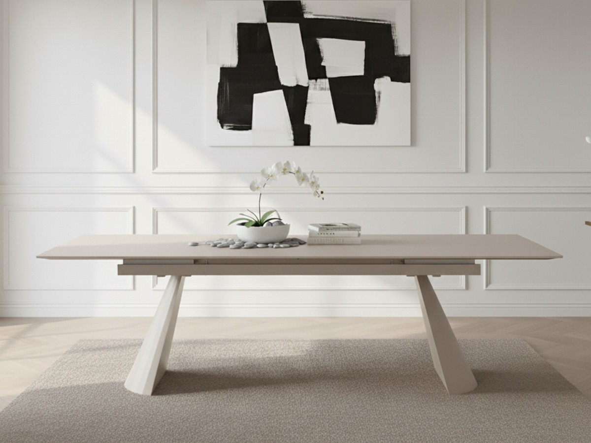 Table à manger extensible 180 à 260 cm ROMEO plateau pierre effet travertin