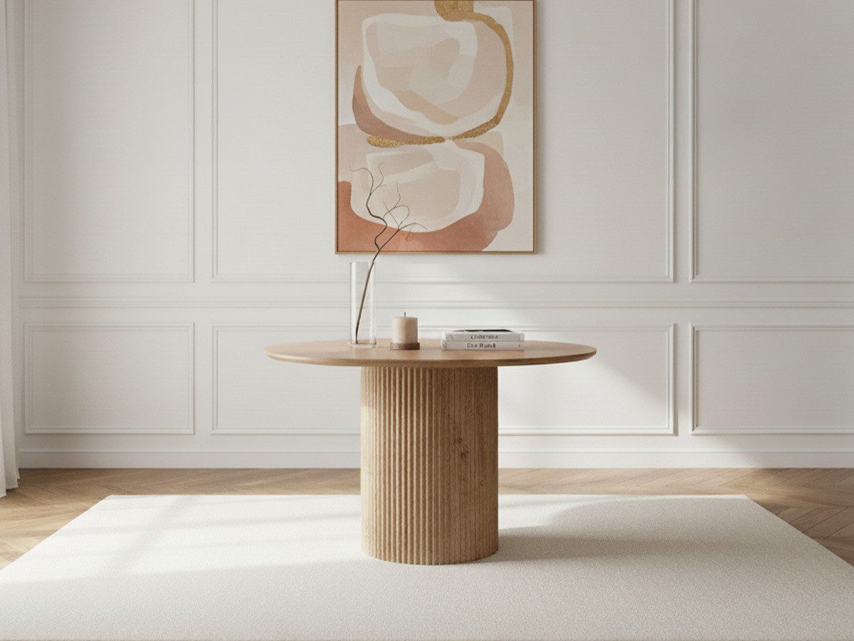 Table à manger D.140 cm BOECIA chêne massif et travertin