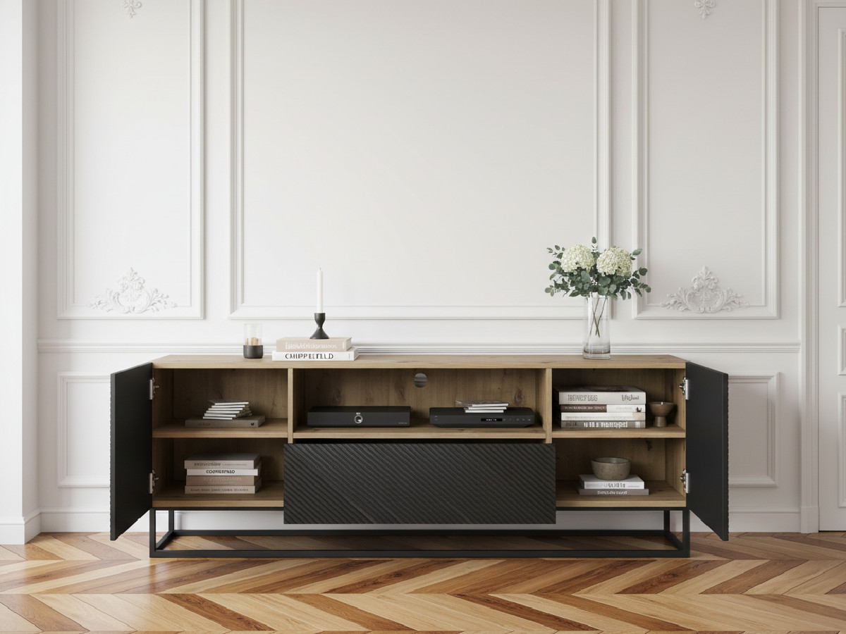 Meuble TV 167 cm ALICE pieds en métal chêne et noir — vue 5
