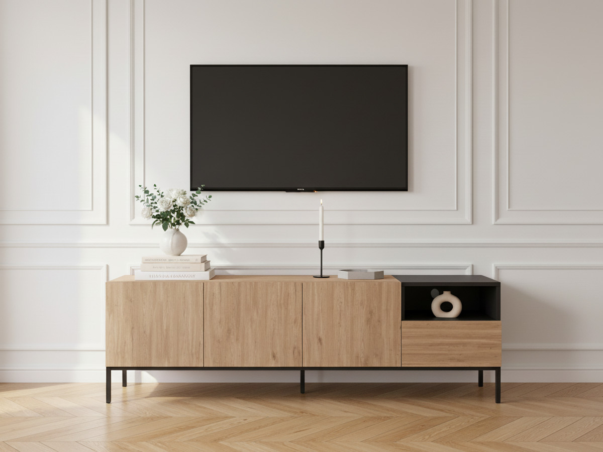Meuble TV 3 portes 1 tiroir 180 cm CECILIA effet chêne — vue 4