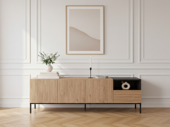 Meuble TV 3 portes 1 tiroir 180 cm CECILIA effet chêne