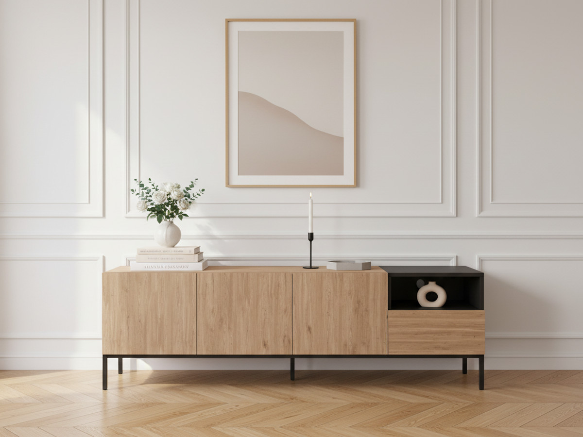 Meuble TV 3 portes 1 tiroir 180 cm CECILIA effet chêne