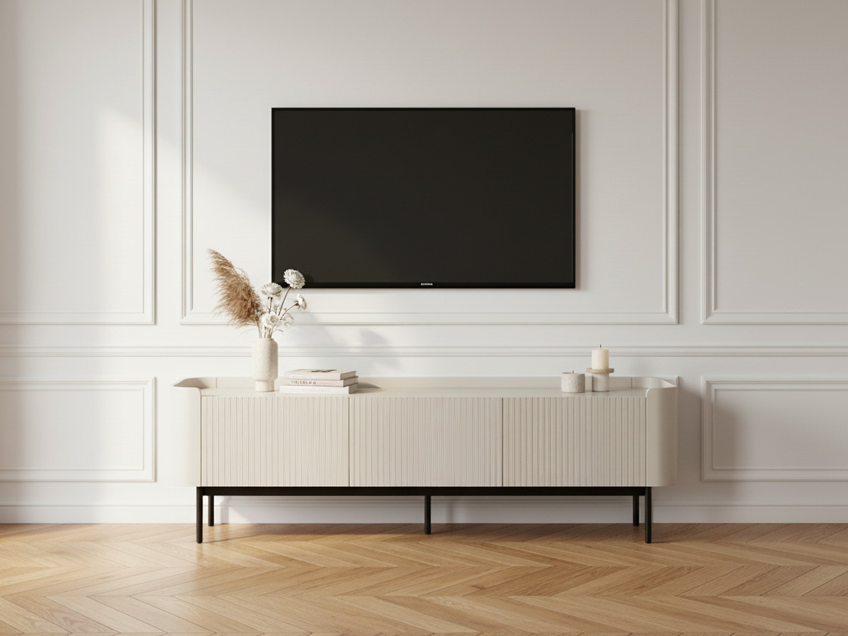 Meuble TV 3 portes 180 cm JAY effet tasseaux beige — vue 4