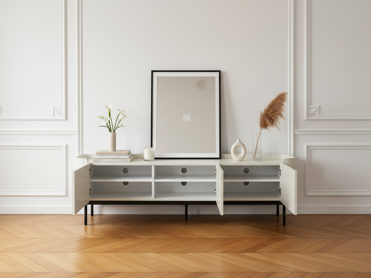 Meuble TV 3 portes 180 cm JAY effet tasseaux beige — vue 5