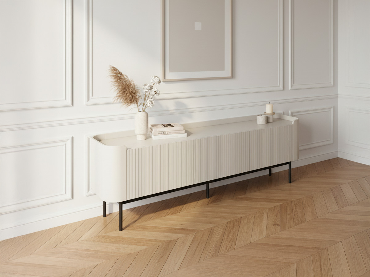 Meuble TV 3 portes 180 cm JAY effet tasseaux beige — vue 6