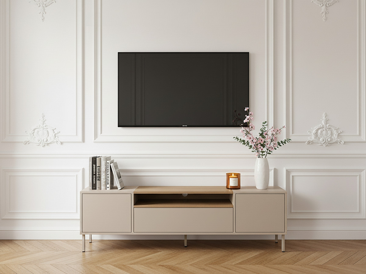 Meuble TV 3 portes 180 cm LINO plateau effet chêne et pieds métal — vue 4