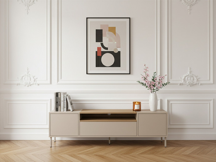 Meuble TV 2 portes 2 tiroirs 180 cm LINO plateau effet chêne et pieds métal