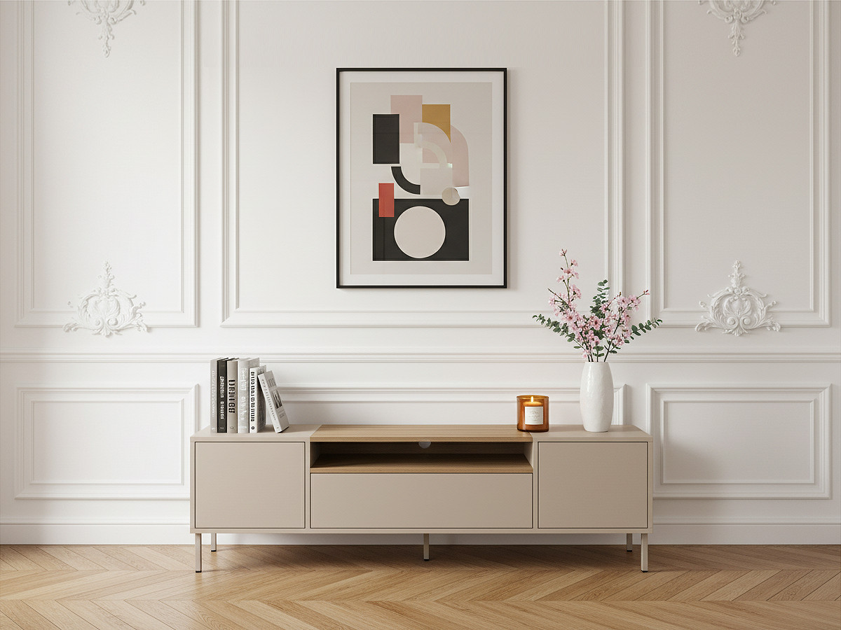 Meuble TV 2 portes 2 tiroirs 180 cm LINO plateau effet chêne et pieds métal Meuble TV 2 portes 2 tiroirs 180 cm LINO plateau effet chêne et pieds métal