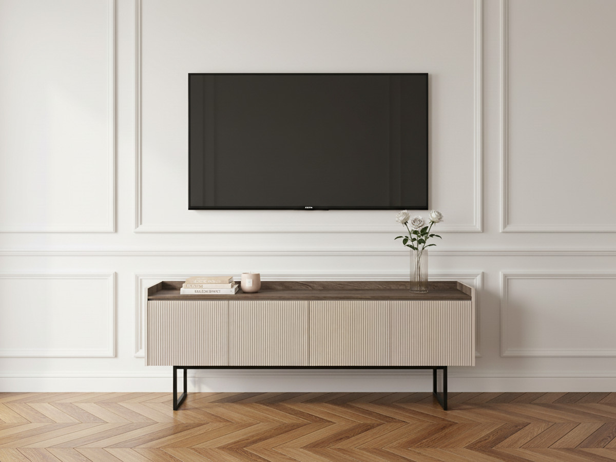 Meuble TV 4 portes 166 cm LOUNA beige et effet bois avec tasseaux et LED