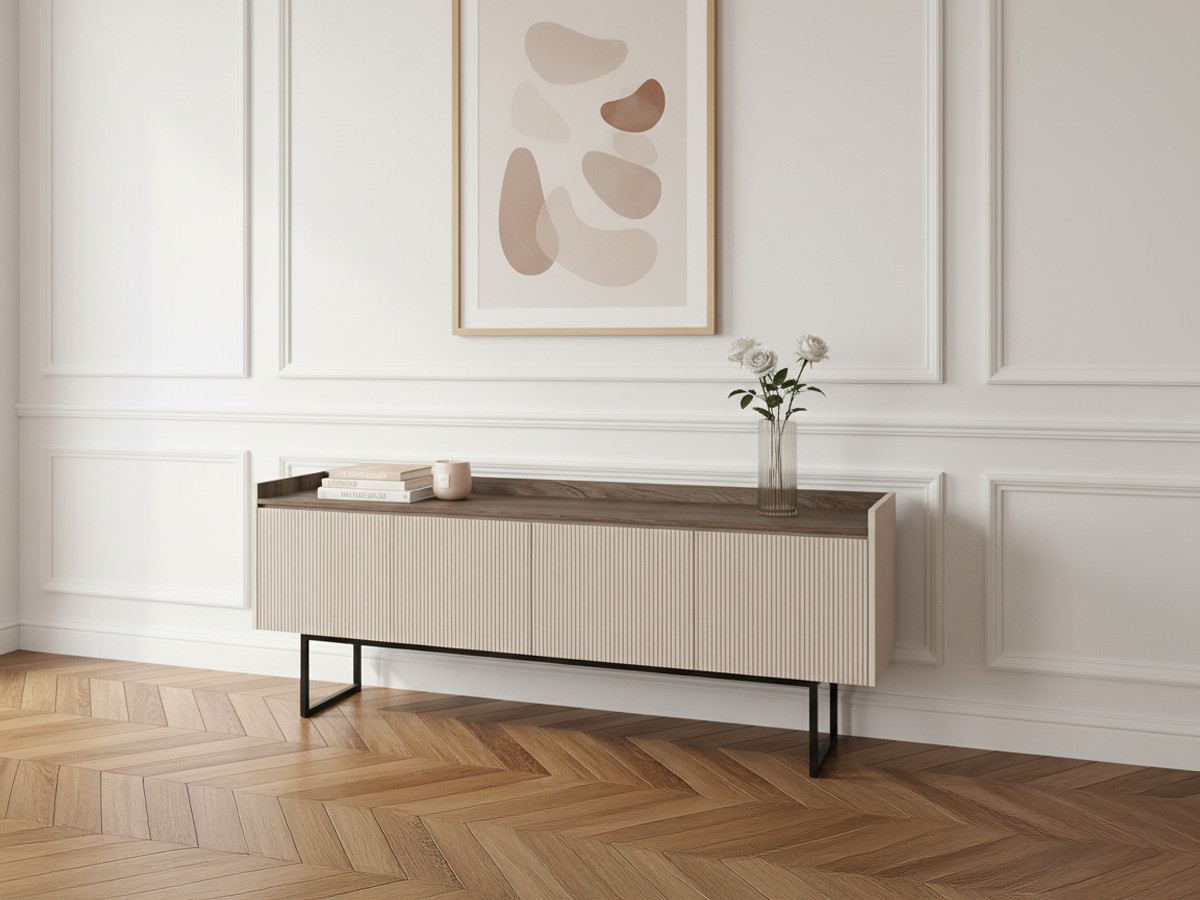 Meuble TV 4 portes 166 cm LOUNA beige et effet bois avec tasseaux et LED — vue 6