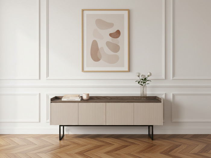 Meuble TV 4 portes 166 cm LOUNA beige et effet bois avec tasseaux et LED
