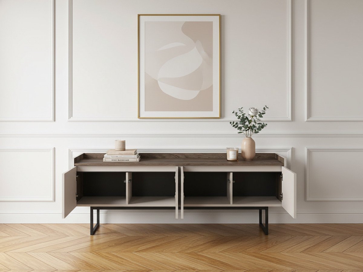 Meuble TV 4 portes 166 cm LOUNA beige et effet bois avec tasseaux et LED